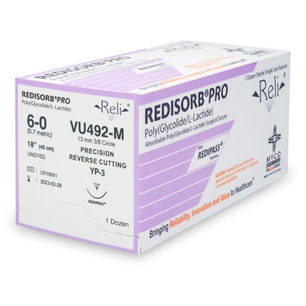 Absorbable Suture with Needle Reli Redisorb Polyglycolic Acid MP-3 3 8 Circle Precision Reverse Cutting Needle Size 6 - 0 Braided Fashion