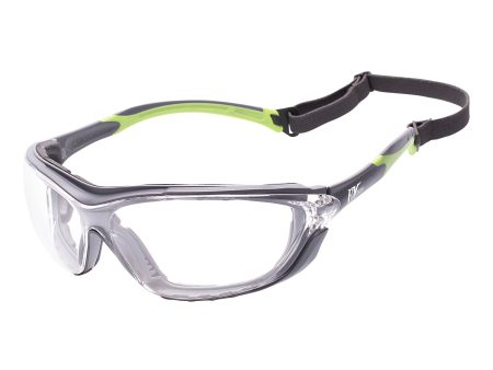 Wraparound Safety Glasses, Black Frame Green Tips Clear Lens, Universal Size, 12 bx Supply