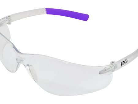 Wraparound Safety Glasses, Clear Frame Lavender Tips Clear Lens, Small Narrow & Medium Fit, 12 bx For Sale