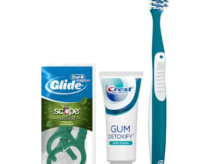 Oral-B Crossaction  All-In-One Toothbrush (35 Extra Soft); Crest Pro-Health Gum Detoxify Toothpaste (.85 Oz); Oral-B Glide  Plus Scope Outlast Floss Picks, (3-Pack Sachet); Free Patient Sample Bags, 72 Bundles cs For Sale