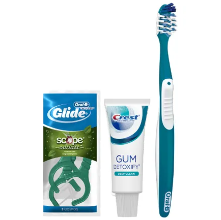 Oral-B Crossaction  All-In-One Toothbrush (35 Extra Soft); Crest Pro-Health Gum Detoxify Toothpaste (.85 Oz); Oral-B Glide  Plus Scope Outlast Floss Picks, (3-Pack Sachet); Free Patient Sample Bags, 72 Bundles cs For Sale