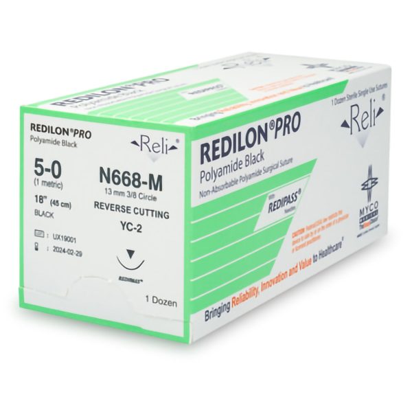 Nonabsorbable Suture with Needle Reli Redilon  Nylon MC 3 8 Circle Reverse Cutting Needle Size 5 - 0 Monofilament Online Hot Sale