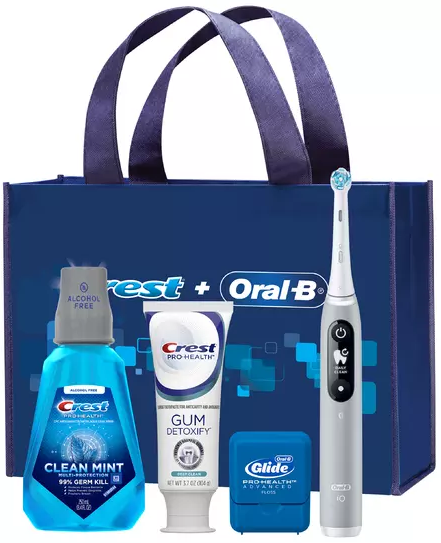 Oral-B Io 6 Electric Rechargeable Toothbrush (Grey Handle); Crest Pro-Health Gum Detoxify Toothpaste (3.7 Oz); Multi-Protection Clean Mint Rinse (250 Ml); Oral-B Glide Pro-Health Advanced Floss (15 M); Io Clean Brush Head; Reusable Tote Bag. 3 cs Cheap